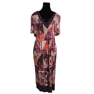Boho Cottagecore Mix Print midi dress with lace up V-neck Size Large